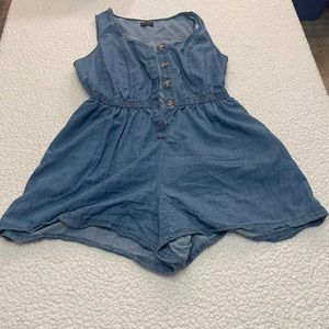 Lane Bryant, 12 feels like 14. Button Front Romper, Denim, Good Used. Cute fit.